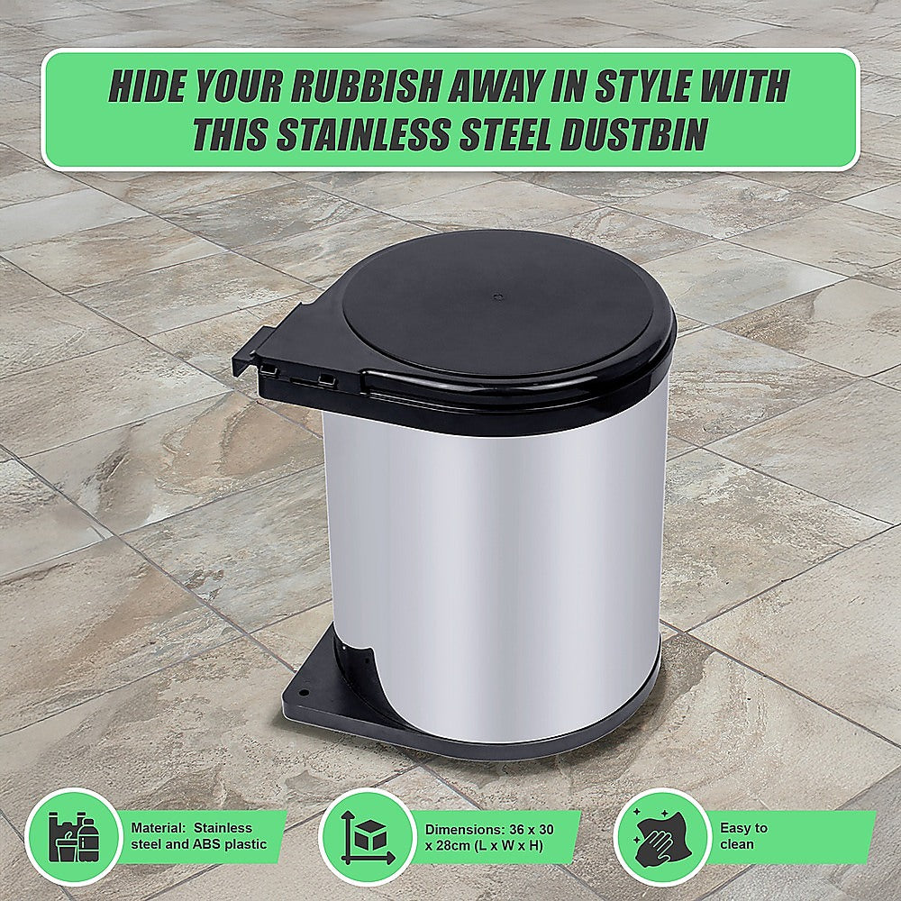 Kitchen Swing Pull Out Bin Stainless Steel Garbage Rubbish Waste Trash Can 14L