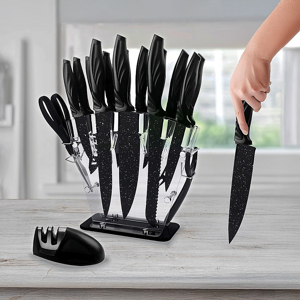 Kitchen 17 Pc Knife Set W/ Block & Sharpener Chef Bread Steak Knives