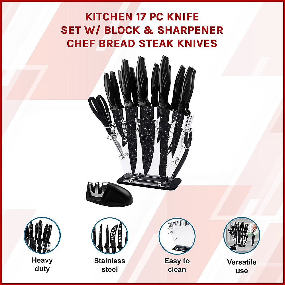 Kitchen 17 Pc Knife Set W/ Block & Sharpener Chef Bread Steak Knives