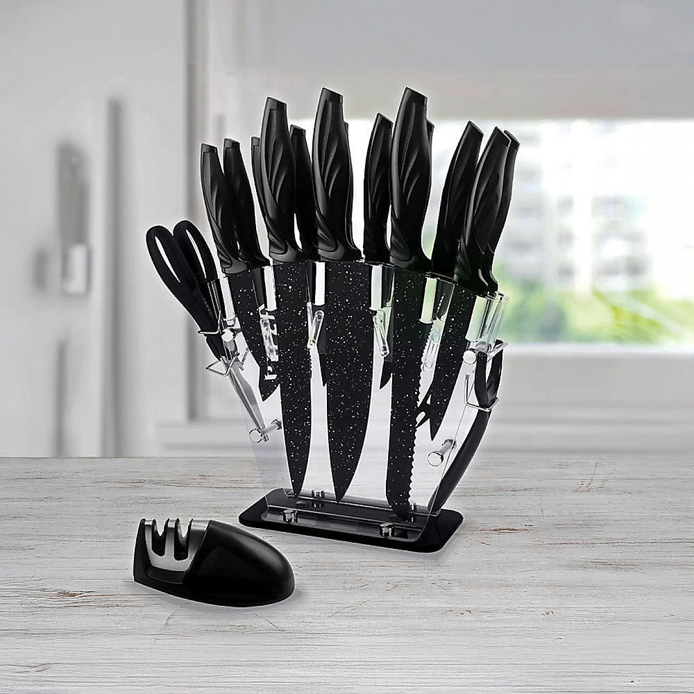 Kitchen 17 Pc Knife Set W/ Block & Sharpener Chef Bread Steak Knives