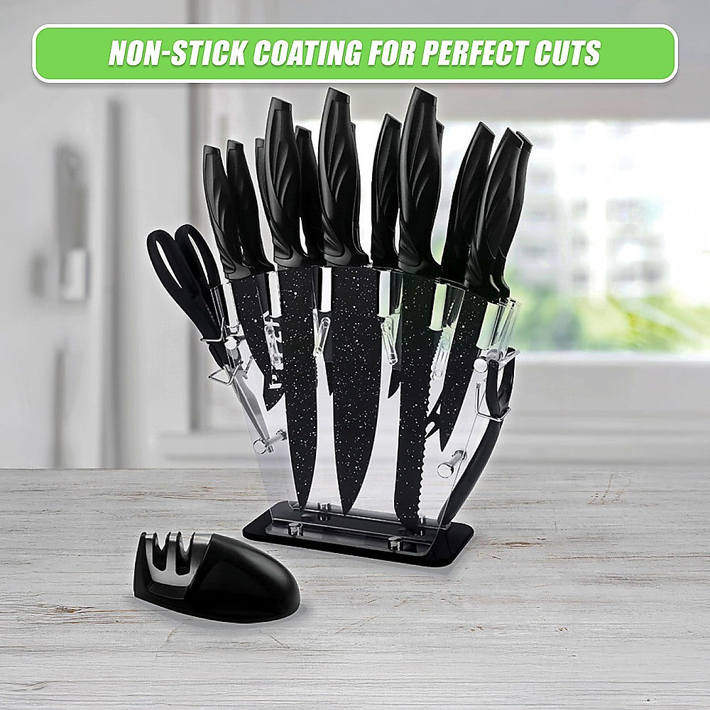 Kitchen 17 Pc Knife Set W/ Block & Sharpener Chef Bread Steak Knives