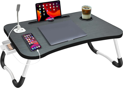 Laptop Desk Bed Table Tray Folding Breakfast Table Portable Lap Standing Desk Notebook Stand Reading Holder for Bed/Sofa Large Lap Desk with USB-Charger and Cup-Holder