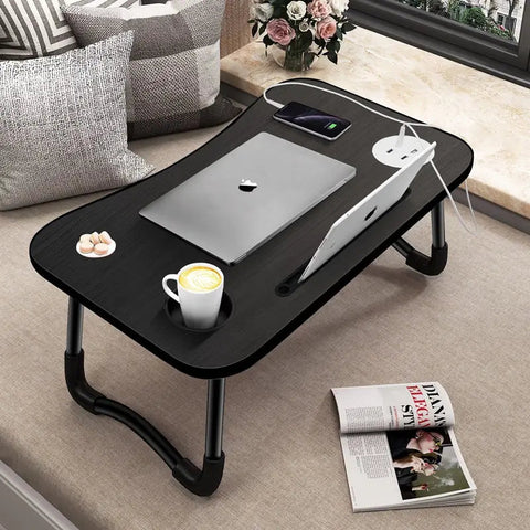 Laptop Desk Bed Table Tray Folding Breakfast Table Portable Lap Standing Desk Notebook Stand Reading Holder for Bed/Sofa Large Lap Desk with USB-Charger and Cup-Holder