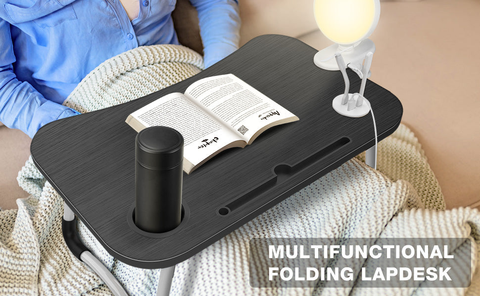 Laptop Desk Bed Table Tray Folding Breakfast Table Portable Lap Standing Desk Notebook Stand Reading Holder for Bed/Sofa Large Lap Desk with USB-Charger and Cup-Holder