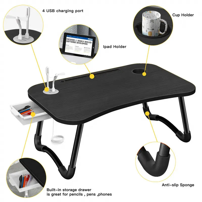 Laptop Desk Bed Table Tray Folding Breakfast Table Portable Lap Standing Desk Notebook Stand Reading Holder for Bed/Sofa Large Lap Desk with USB-Charger and Cup-Holder