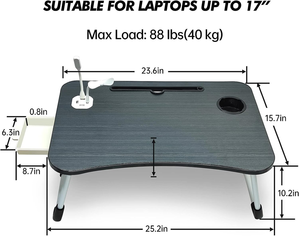 Laptop Desk Bed Table Tray Folding Breakfast Table Portable Lap Standing Desk Notebook Stand Reading Holder for Bed/Sofa Large Lap Desk with USB-Charger and Cup-Holder