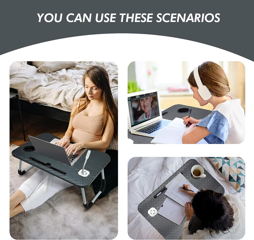 Laptop Desk Bed Table Tray Folding Breakfast Table Portable Lap Standing Desk Notebook Stand Reading Holder for Bed/Sofa Large Lap Desk with USB-Charger and Cup-Holder