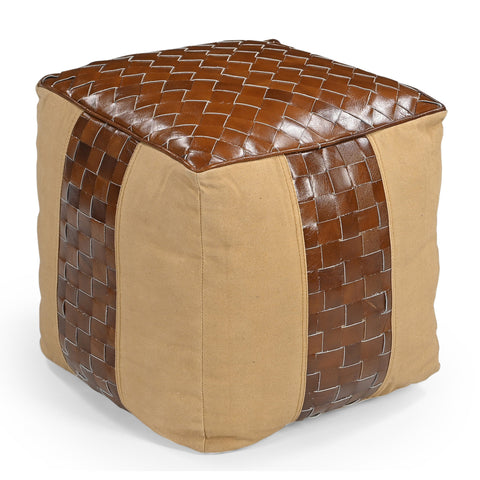 Genuine Leather And Canvas Ottoman