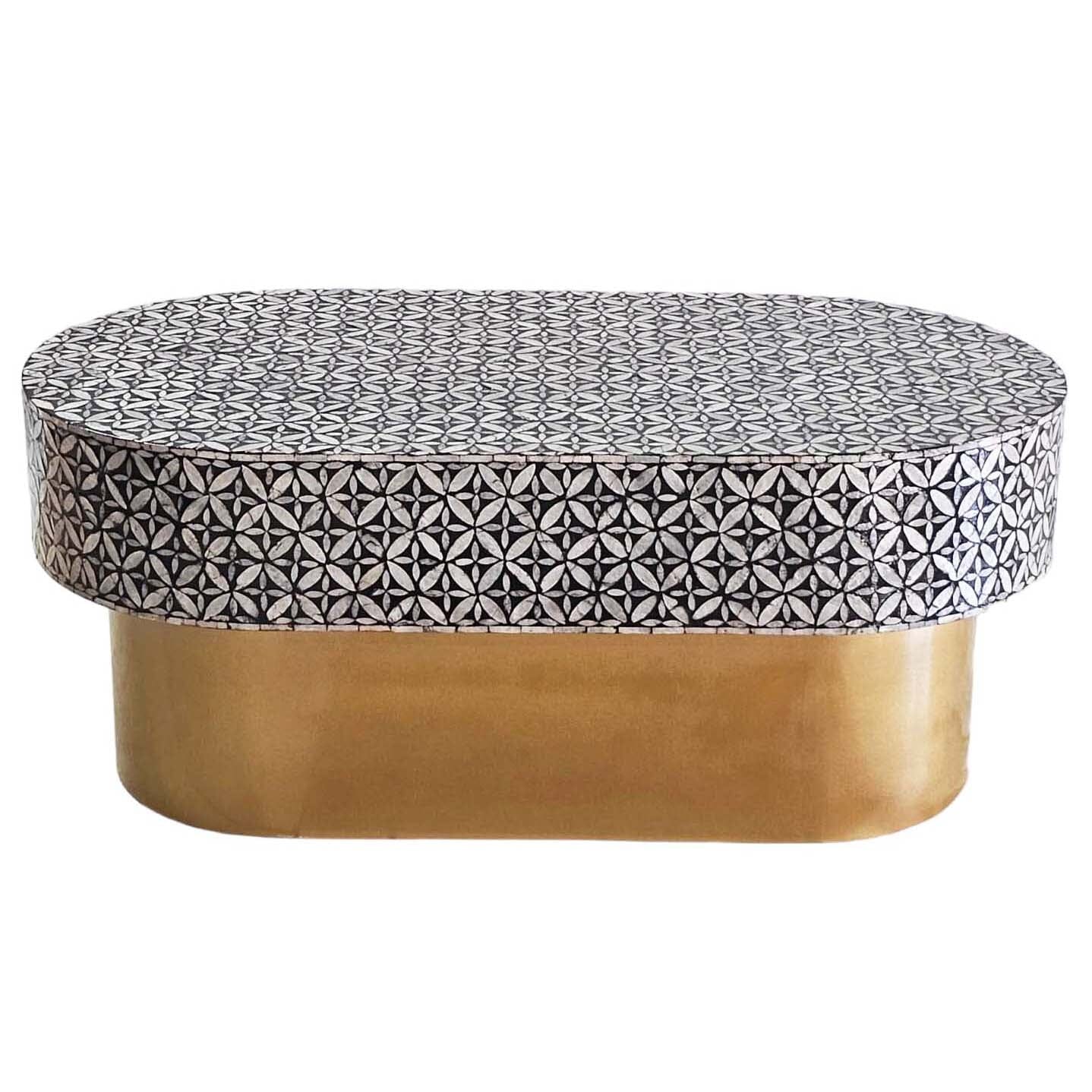 Mother Of Pearl Ebony Mosaic Oval Coffee Table