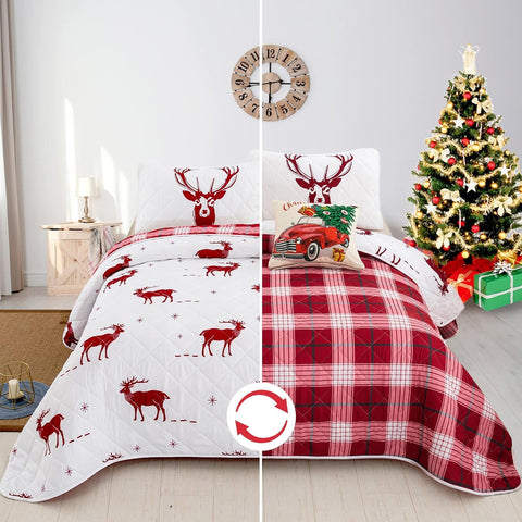 Red & white Reindeer pattern reversible Christmas Queen Bedspread Set