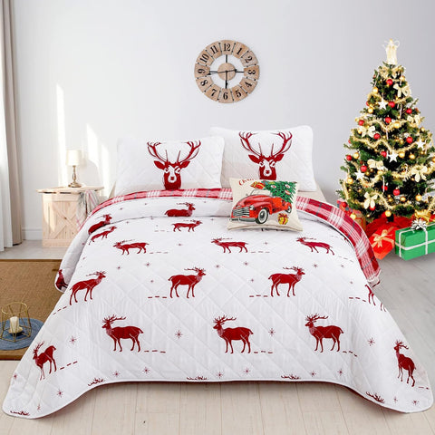 Red & white Reindeer pattern reversible Christmas Queen Bedspread Set