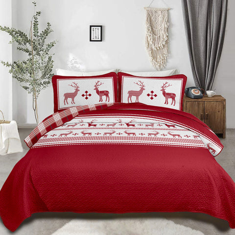 Red & white Reindeer Christmas Queen Bedspread Set