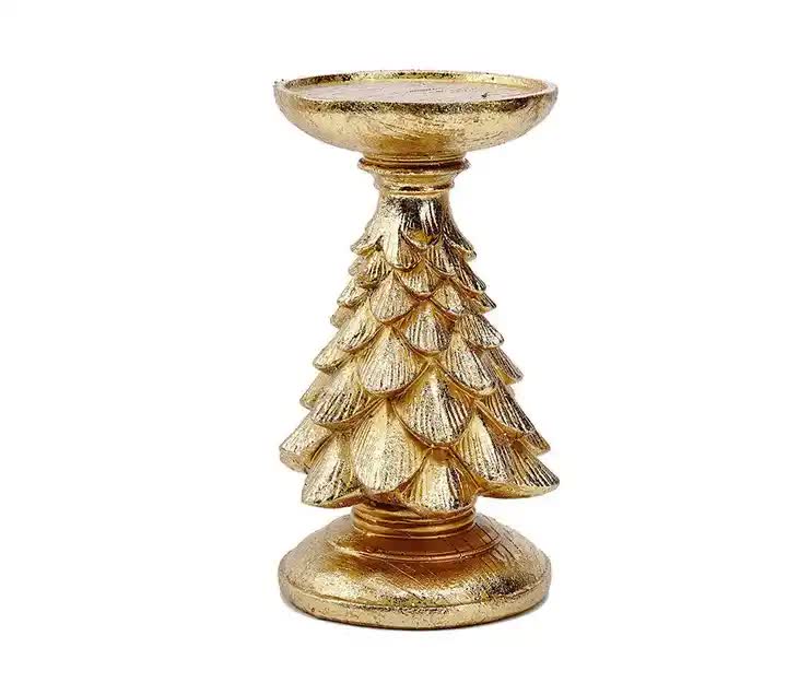 Set Of 3 Gold Candle Holders - Festive Resin Christmas Tree Stands