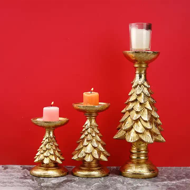 Set Of 3 Gold Candle Holders - Festive Resin Christmas Tree Stands