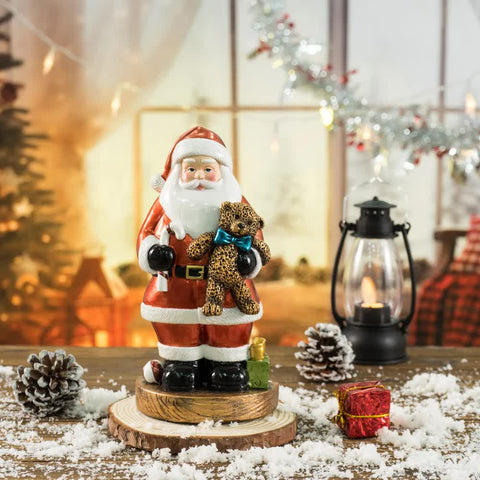 Santa Figurine With Bear - 18Cm Festive Resin Holiday Decor