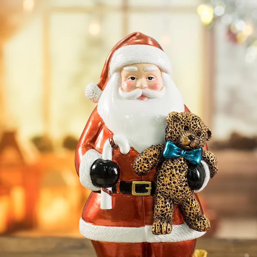 Santa Figurine With Bear - 18Cm Festive Resin Holiday Decor