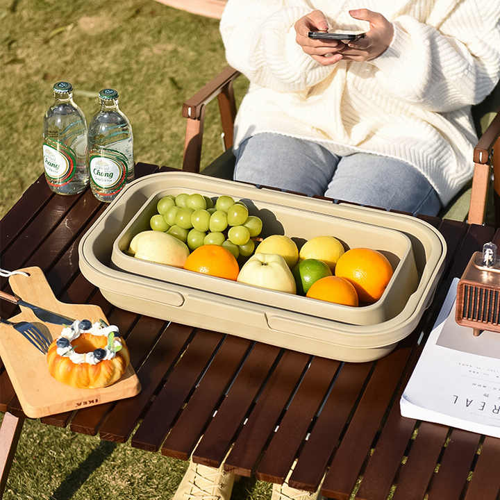 Grey Foldable Outdoor Picnic Basket with Lid and Tabletop, Camping Storage Box