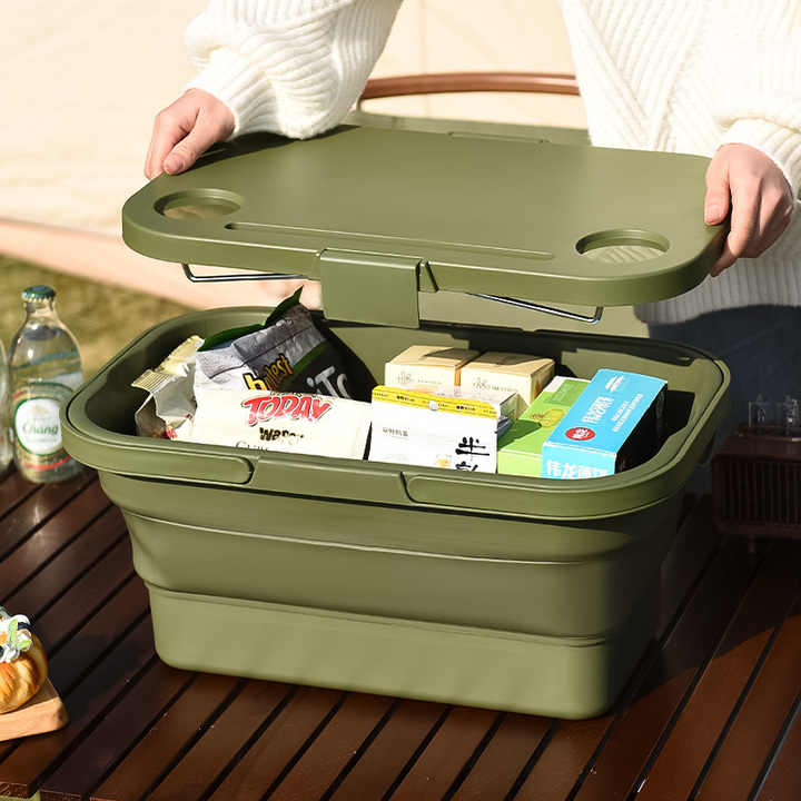 Grey Foldable Outdoor Picnic Basket with Lid and Tabletop, Camping Storage Box