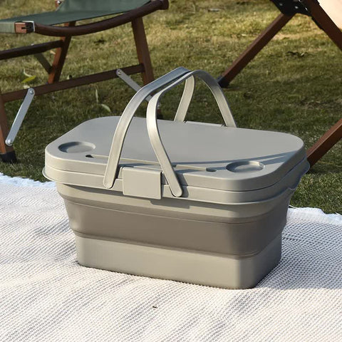 Army Green Foldable Outdoor Picnic Basket with Lid and Tabletop