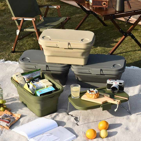 Army Green Foldable Outdoor Picnic Basket with Lid and Tabletop