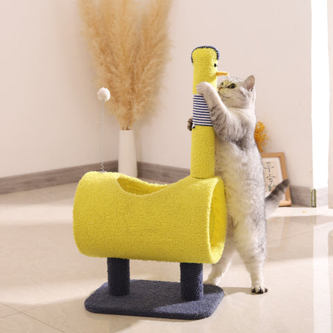 Yellow Chicken-Theme Cat Tree with Tunnel Multi-Functional