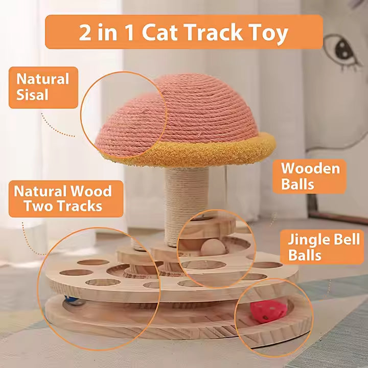 Large Pink Interactive Cat Scratching Post with Ball Track Fun Mushroom