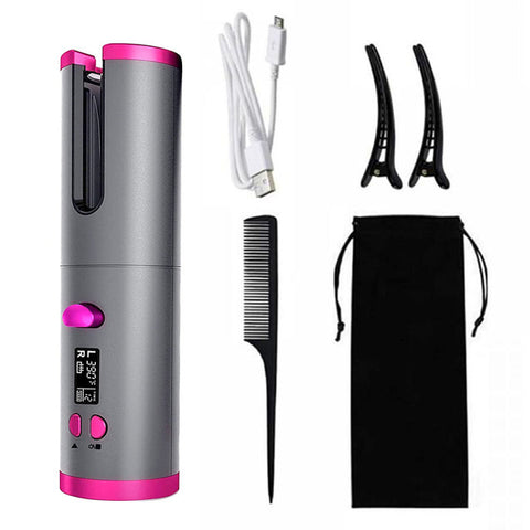 Elegant Grey-Pink Rechargeable Hair Curler - Anti-Scald & Lightweight