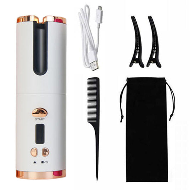 Sleek White Rechargeable Hair Curler - Portable & Safe Styling