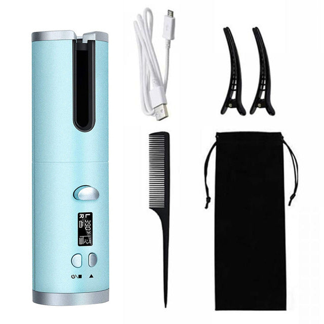 Durable Blue Rechargeable Hair Curler - Compact & Anti-Scald Design