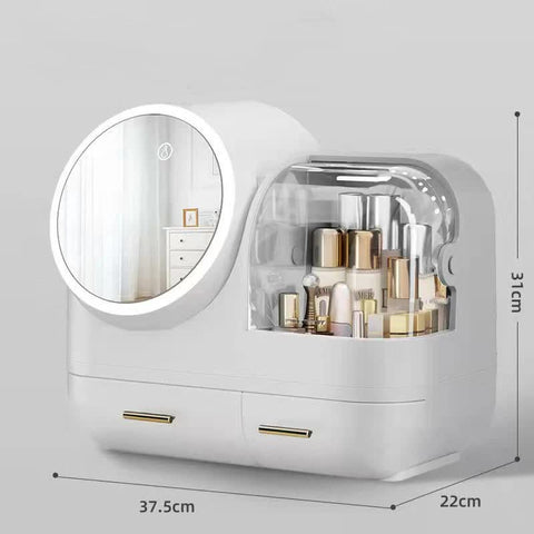 Ivory White LED Vanity Makeup Organizer with Partition Storage and Touch-Control