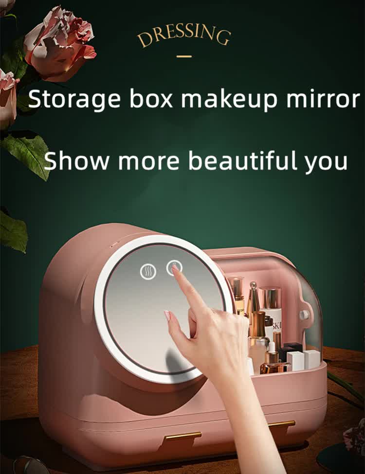 Pink LED Vanity Makeup Organizer with Partition Storage and Touch-Control Mirror