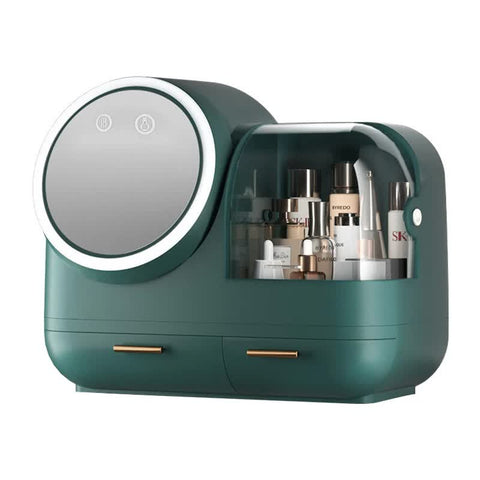 Green LED Vanity Makeup Organizer with Partition Storage and Touch-Control