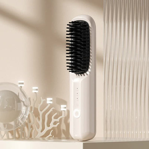 Sleek Off-White Wireless Hair Straightening Brush - Portable Styling