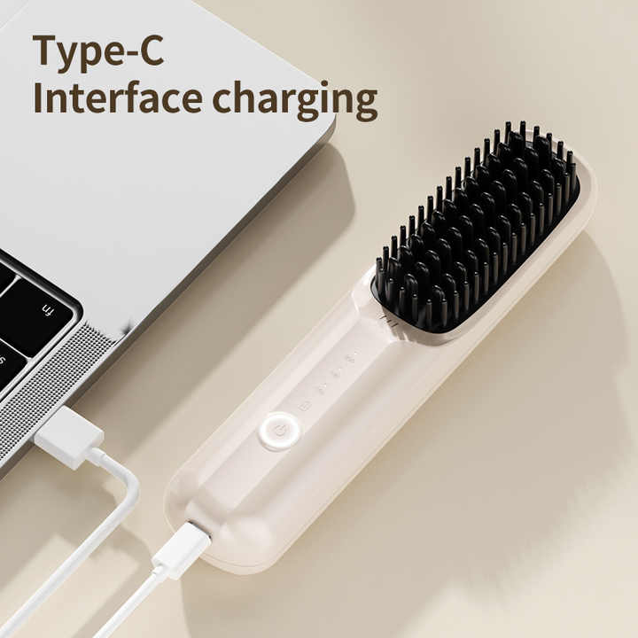 Sleek Off-White Wireless Hair Straightening Brush - Portable Styling