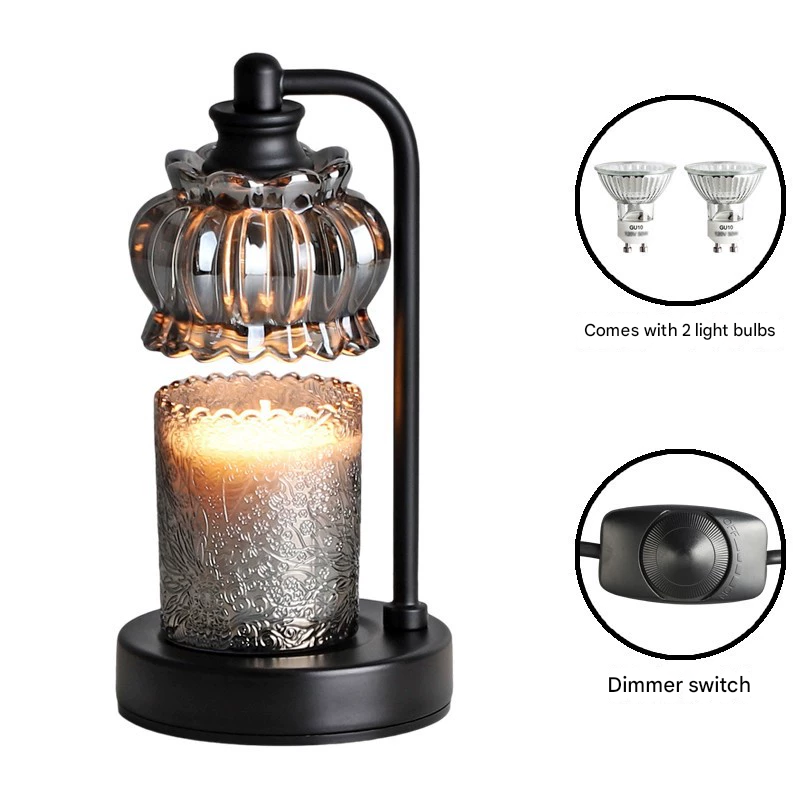 Sleek Black Candle Warmer Lamp - Vintage Glass Shade & Dimmer