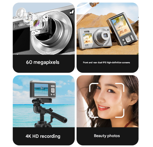 Black 4K Digital Camera - 10X Zoom, Dual-Screen Vlogging