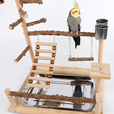 Natural Wooden Parrot Play Stand - Multi-Level Perch with Toys