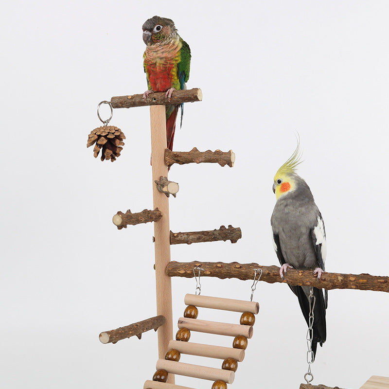 Natural Wooden Parrot Play Stand - Multi-Level Perch with Toys