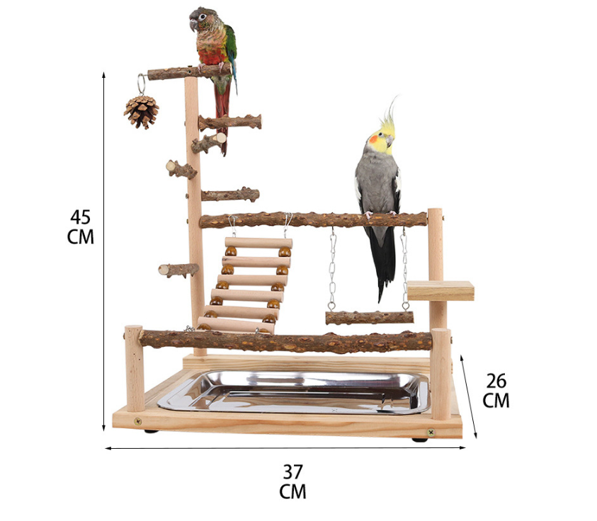 Natural Wooden Parrot Play Stand - Multi-Level Perch with Toys