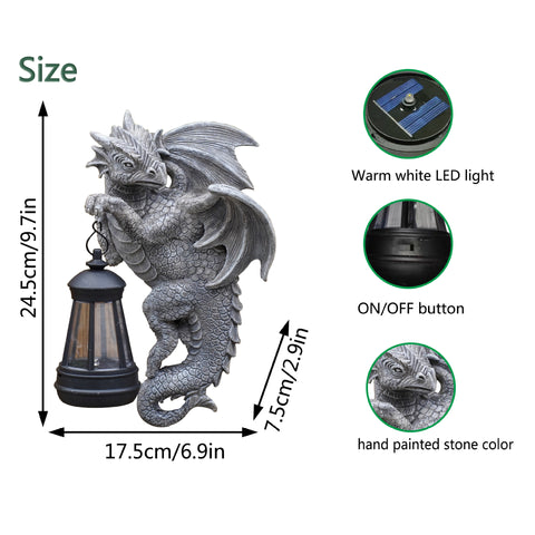 Solar-Powered Dragon Statue with LED Lantern - Gothic Outdoor Decor