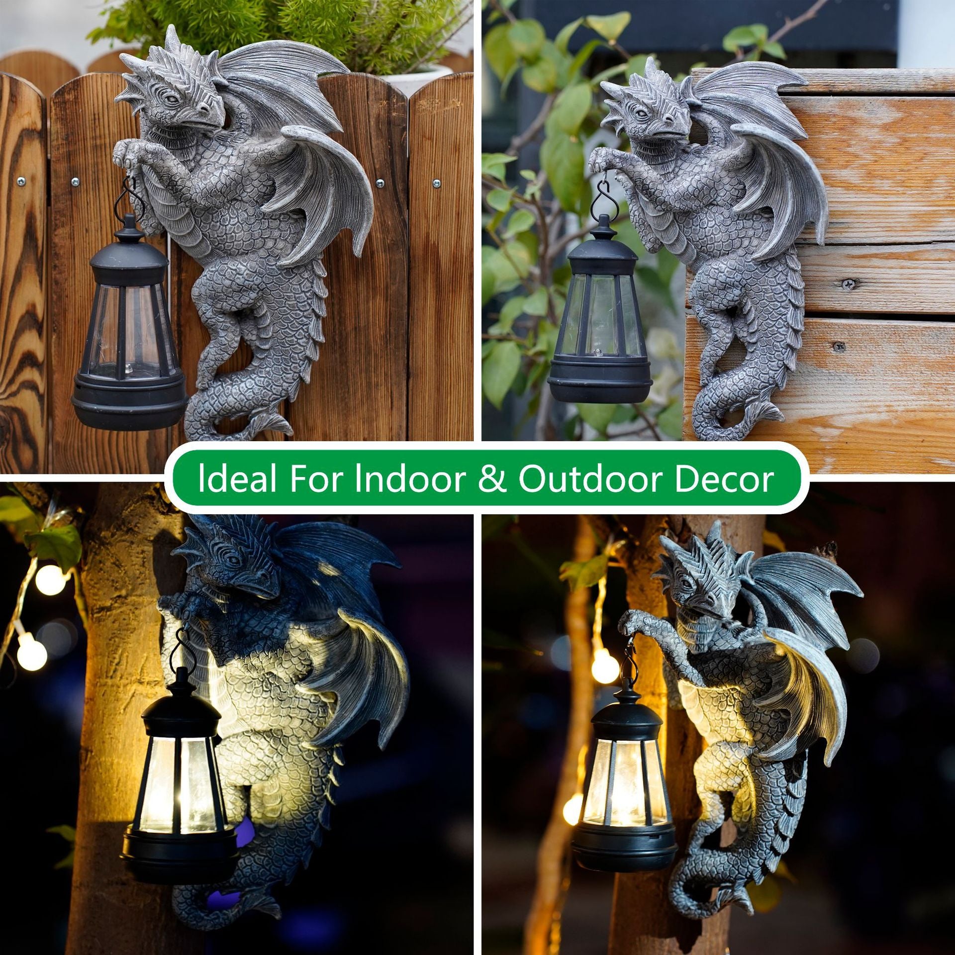 Solar-Powered Dragon Statue with LED Lantern - Gothic Outdoor Decor