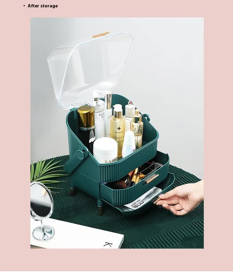 Dark Green Multifunctional Makeup Organizer - Large Capacity