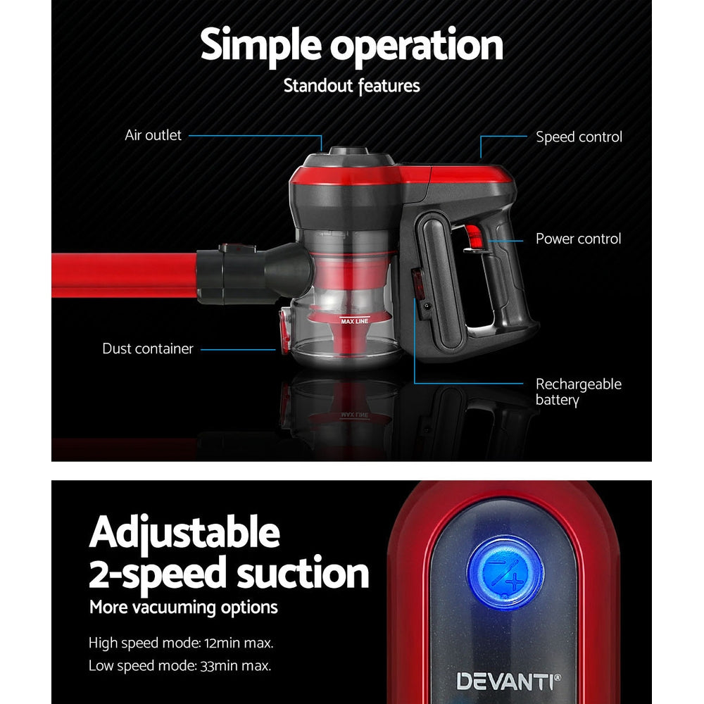 Durable Devanti Cordless Vacuum Cleaner - 250W Red