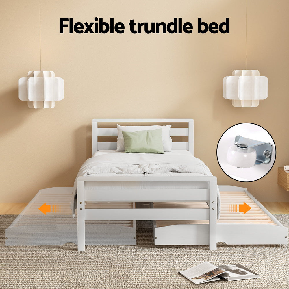 Single Size 2-In-1 Trundle Bed Frame - White Avis