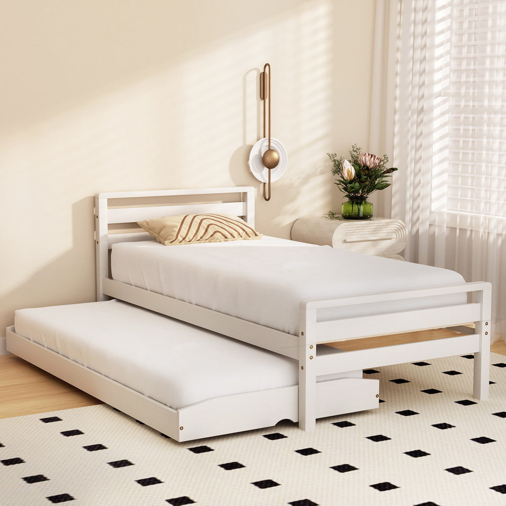 Single Size 2-In-1 Trundle Bed Frame - White Avis