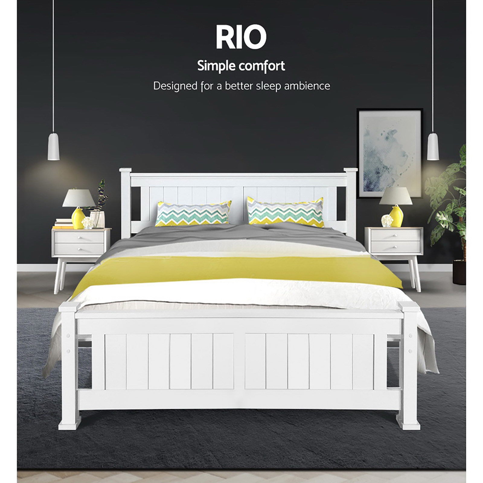 Bed Frame Double Size Wooden White Rio