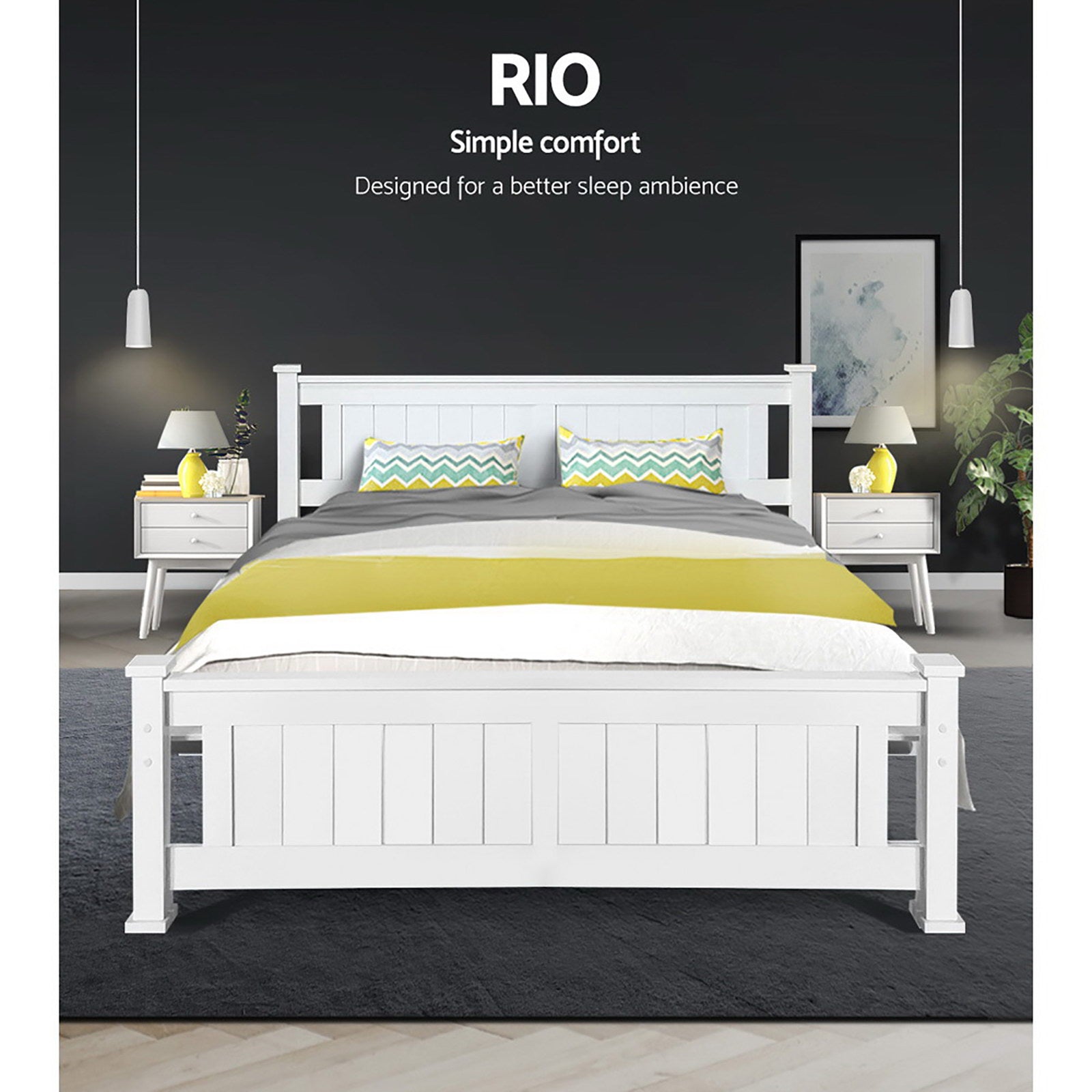 Bed Frame Queen Size Wooden White Rio