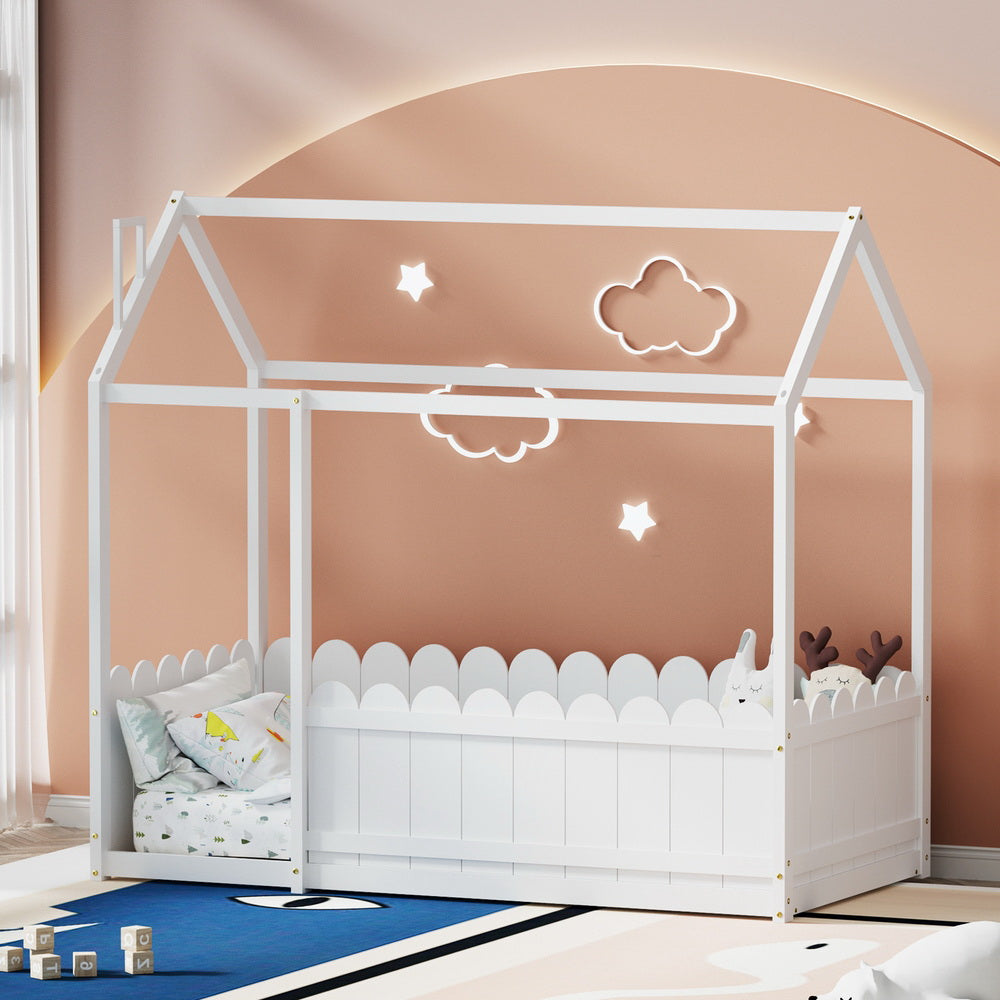 Bed Frame Wooden Kids House Single Frame White Kori