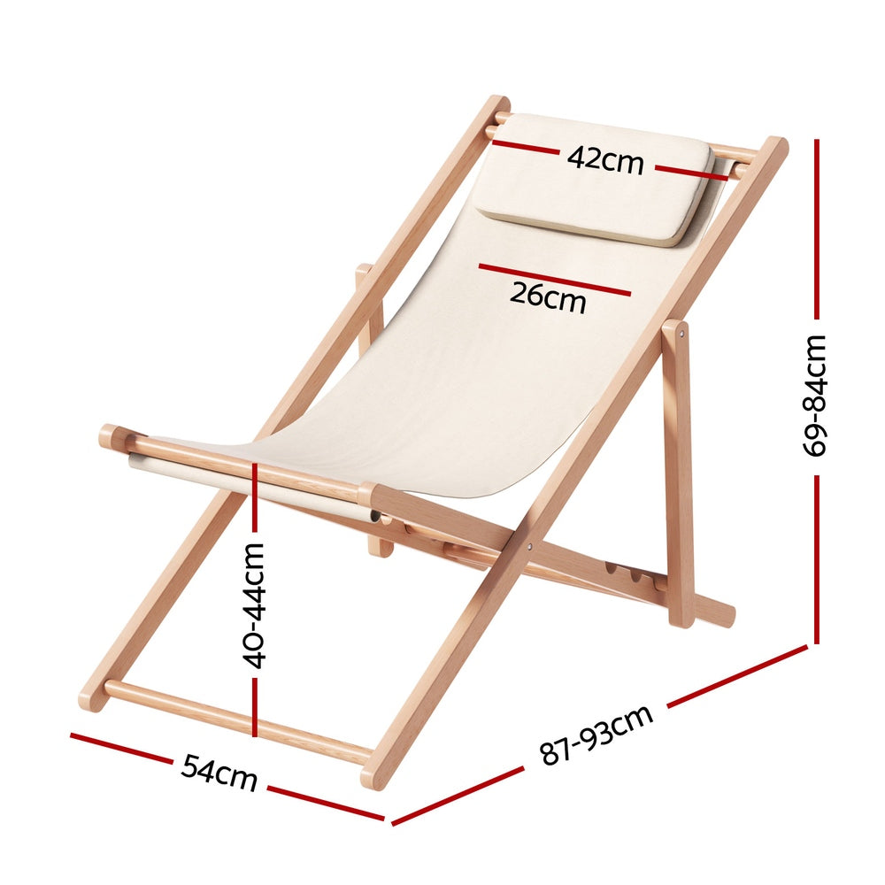 Outdoor Deck Chair Wooden Sun Lounge Folding Beach Patio Furniture Beige