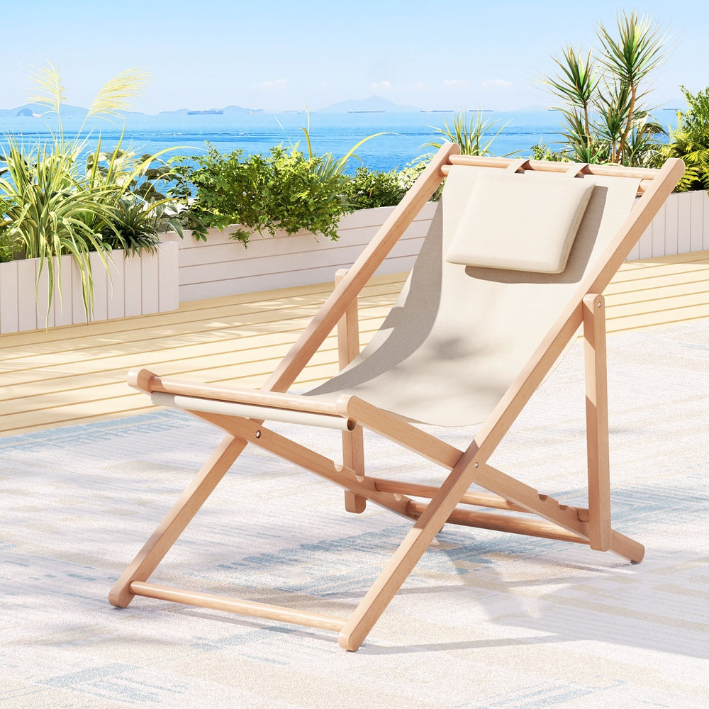 Outdoor Deck Chair Wooden Sun Lounge Folding Beach Patio Furniture Beige